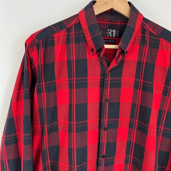Le 31 Simons Men’s 15.5 R Red Black Plaid Long Sleeve Button Down Shirt Casual - Picture 7 of 10